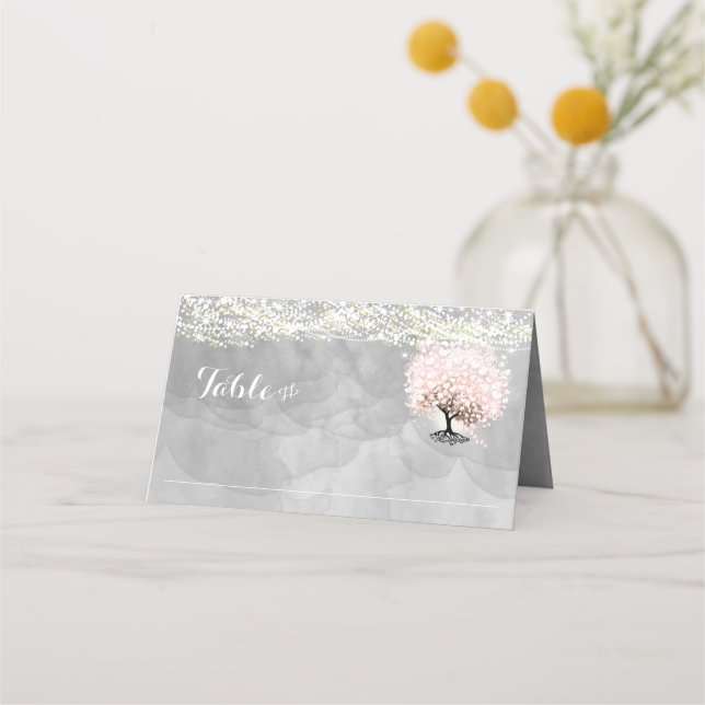 Pink Heart Leaf Tree Wedding Place Cards (Back)