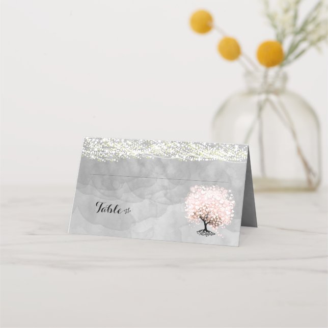 Pink Heart Leaf Tree Wedding Place Cards (Back)