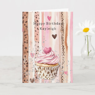 Pink Heart Leopard Cupcake Confetti Birthday Card