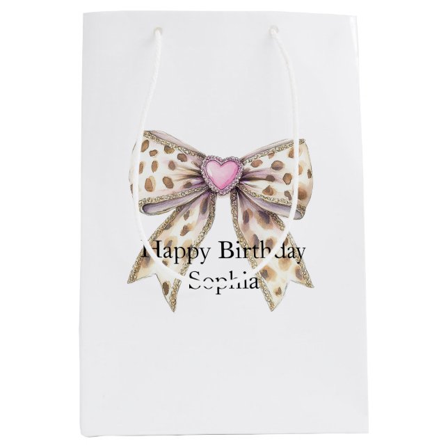 Pink Heart Leopard Girly Bow Birthday Medium Gift Bag (Front)