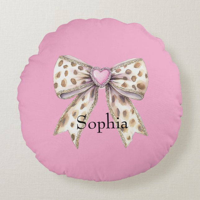 Pink Heart Leopard Girly Bow   Round Pillow (Front)