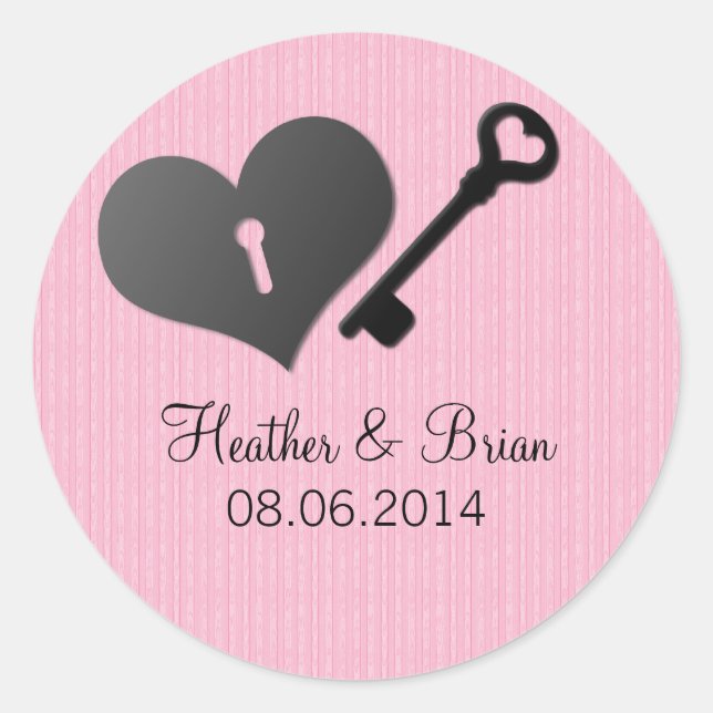Pink Heart Lock and Key Wedding Stickers (Front)