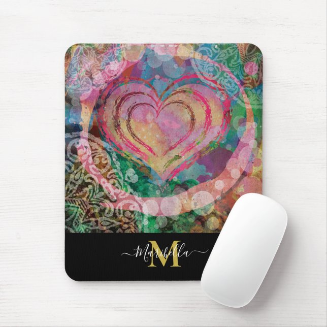 Pink Heart Love Mandala Personalize Monogram Boho Mouse Pad (With Mouse)