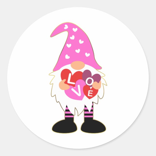 Pink Heart LOVE Valentine Gnome Classic Round Sticker (Front)