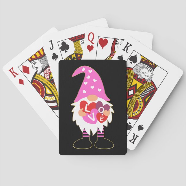 Pink Heart LOVE Valentine Gnome Playing Cards (Back)
