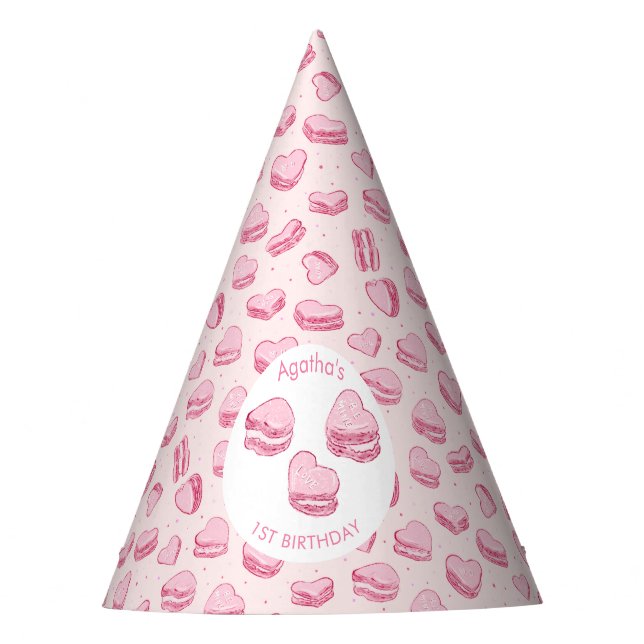 Pink Heart Macarons Girl Birthday Party Hat (Front)