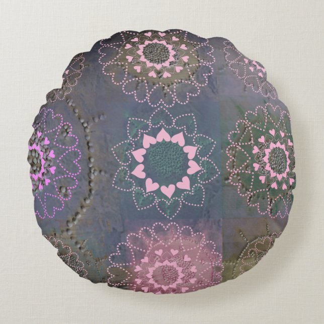 Pink Heart Mandalas on Muted Grey Round Pillow (Front)