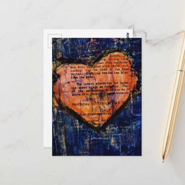 Pink Heart Mixed Media Collage Postcard (Front/Back In Situ)