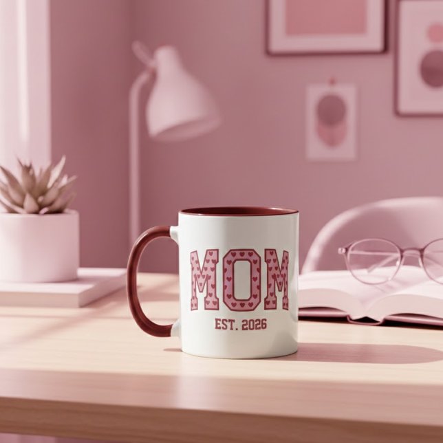 Pink Heart Mom Est Year Varsity Design Mug (Creator Uploaded)
