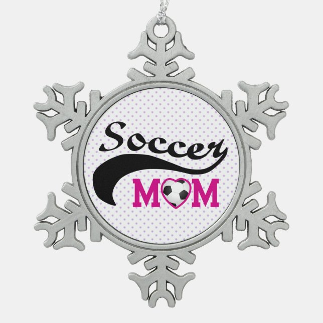 Pink Heart O Soccer Mom Snowflake Pewter Christmas Ornament (Front)