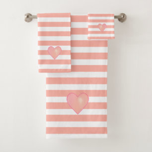 Pink Heart on Light Coral Pink & White Striped Bat Bath Towel Set