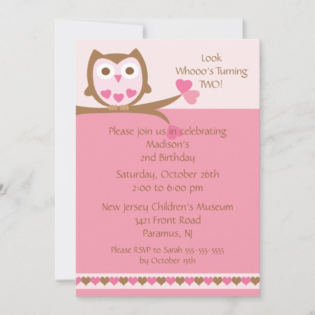 Pink Heart Owl Kids Birthday Invitation (Front)