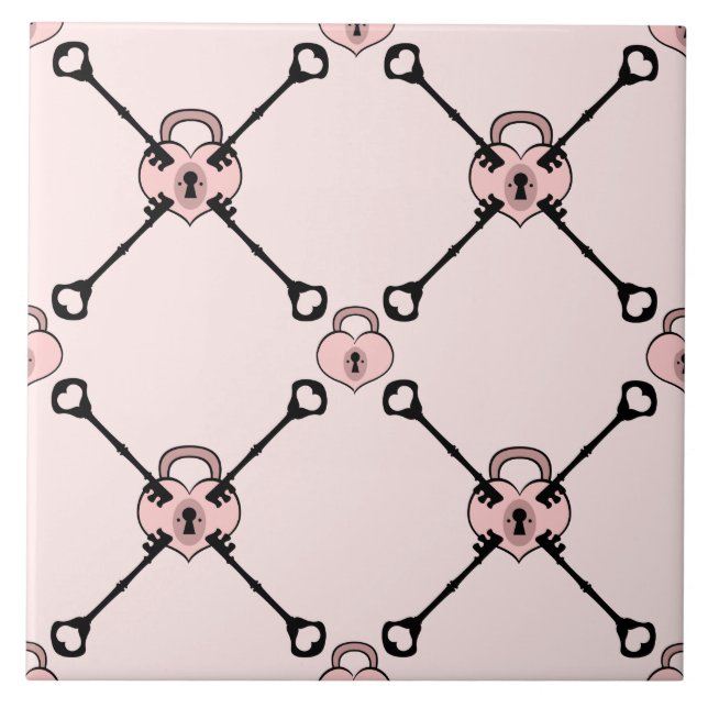 Pink Heart Padlock with Keys Ceramic Trivet Tile (Front)