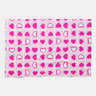 Pink Heart Pastel Fun Squares Kitchen Towel