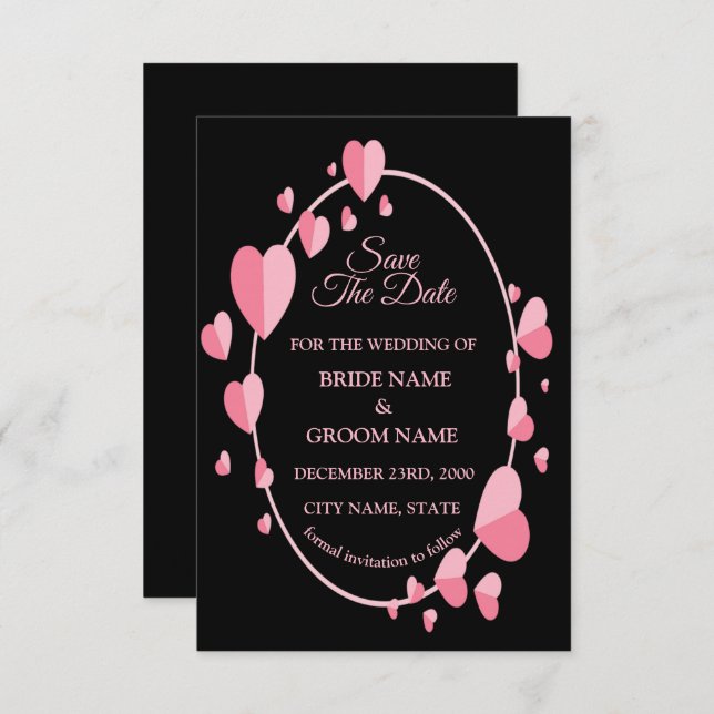 Pink Heart Pattern Black Geometric Elegant Wedding Save The Date (Front/Back)