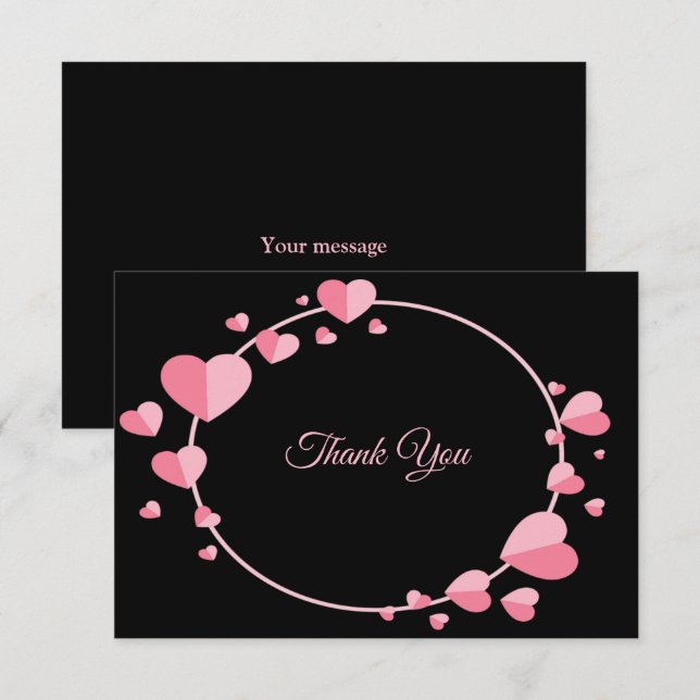 Pink Heart Pattern Black Geometric Wedding Thank You Card (Front/Back)