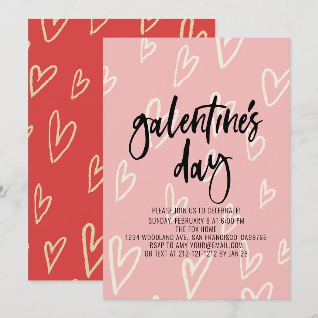Pink Heart Pattern Galentine's Day Party Invitation (Front/Back)