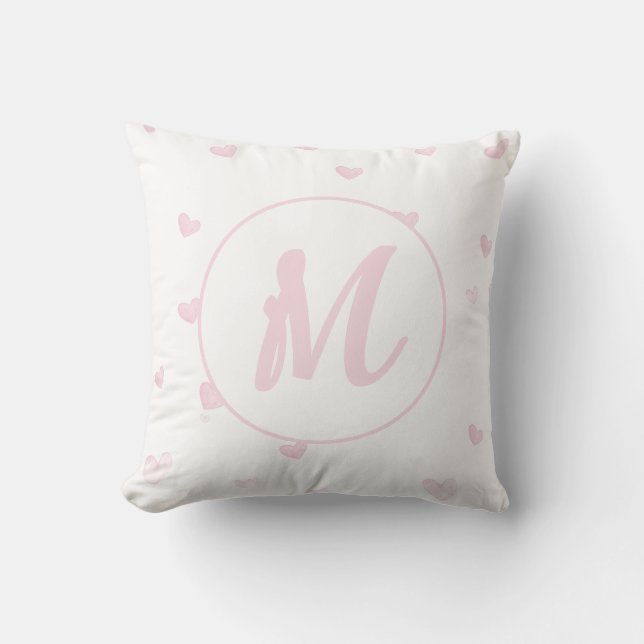 Pink Heart Pattern Girly Romantic Monogrammed Throw Pillow (Front)