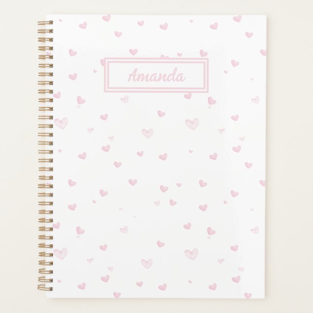 Pink Heart Pattern Girly Romantic Watercolor Planner (Front)