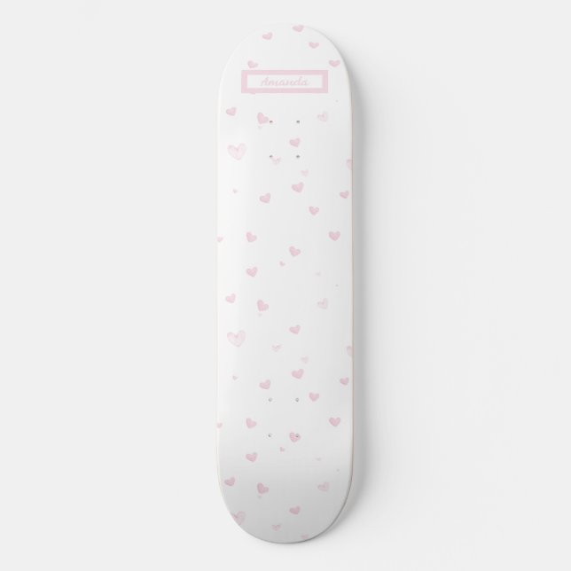 Pink Heart Pattern Girly Romantic Watercolor Skateboard (Front)