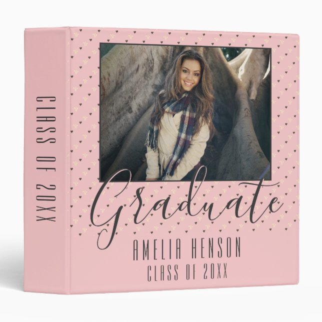 Pink Heart Pattern Graduate Graduation Photo Album Binder (Front/Spine)