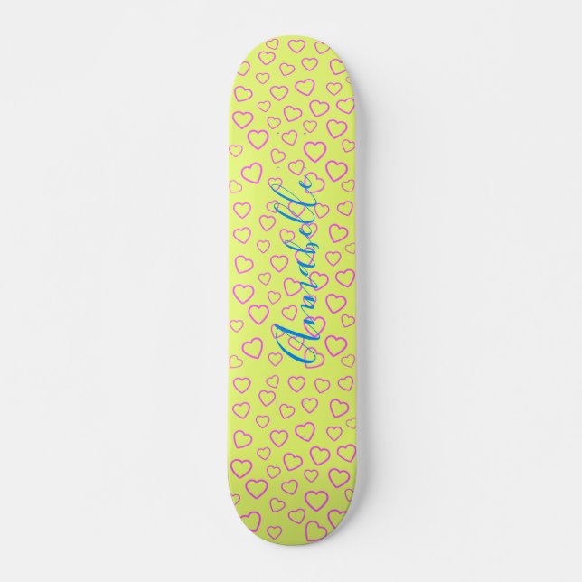 Pink Heart Pattern on Yellow Background Skateboard (Front)