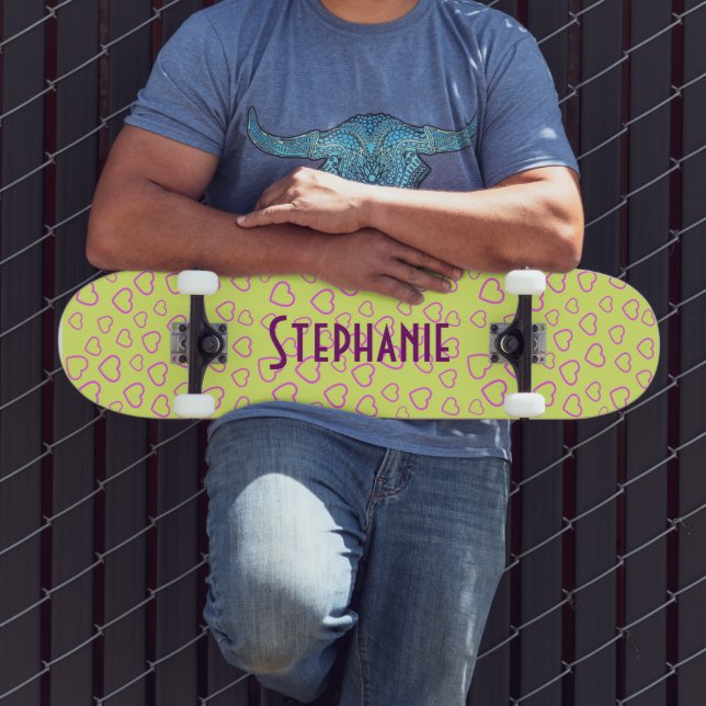 Pink Heart Pattern On Yellow Background with Name Skateboard (Outdoor 3)