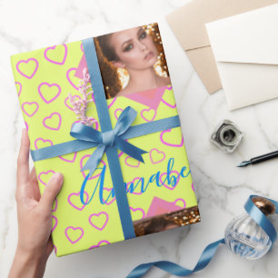 Pink Heart Pattern Photo Name Wrapping Paper