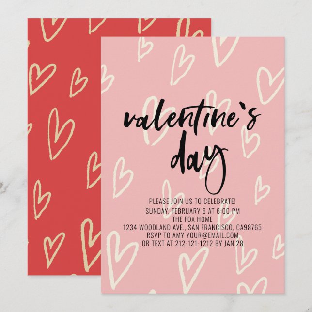 Pink Heart Pattern Valentine's Day Party Invitation (Front/Back)