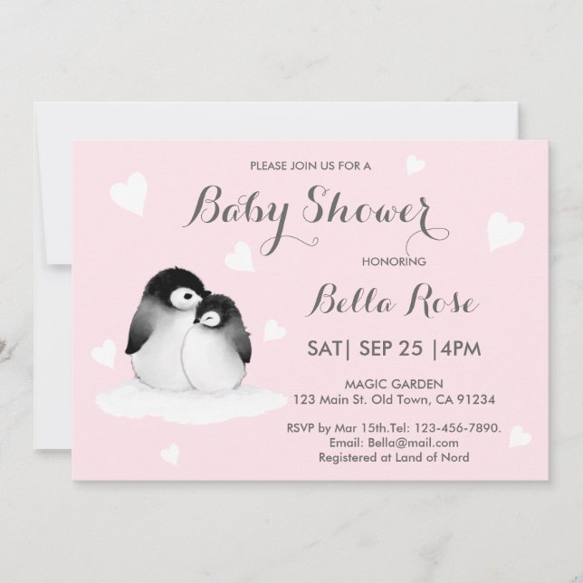 Pink Heart Penguin Baby Shower Invitations (Front)