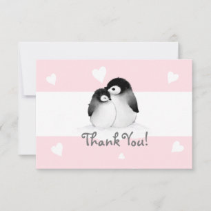 Pink Heart Penguin Thank You Note cards