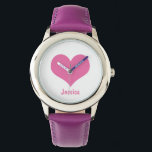 Pink Heart Personalized Kids Name Watch<br><div class="desc">Graphic design of a pink heart on a white background. You can personalize the watch with your own name or you can delate the name if you want.</div>