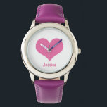 Pink Heart Personalized Kids Name Watch<br><div class="desc">Graphic design of a pink heart on a white background. You can personalize the watch with your own name or you can delate the name if you want.</div>