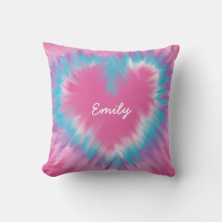 Pink Heart Personalized Tie-Dye Throw Pillow