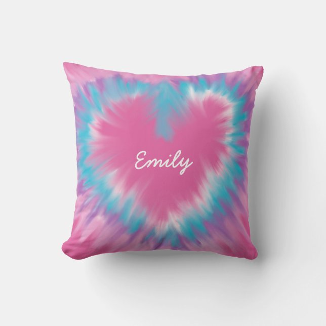 Pink Heart Personalized Tie-Dye Throw Pillow (Front)