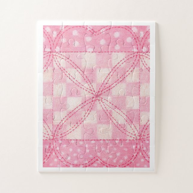 PINK HEART QUILT 11x14 Big Pieces Puzzle  (Vertical)
