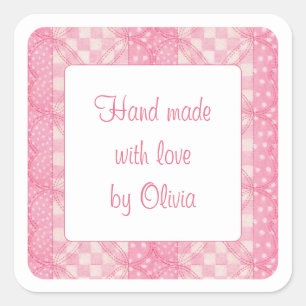 PINK HEART QUILT 1.5" Square "Hand Made" Stickers