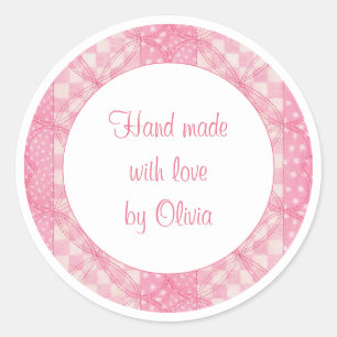 PINK HEART QUILT 3" Round "Hand Made" Stickers 