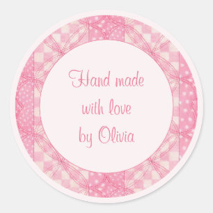 PINK HEART QUILT 3" Round "Hand Made" Stickers II