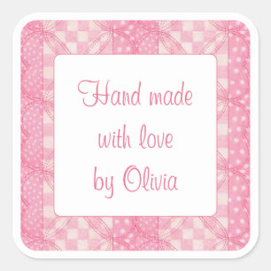 PINK HEART QUILT 3" Square "Hand Made" Stickers