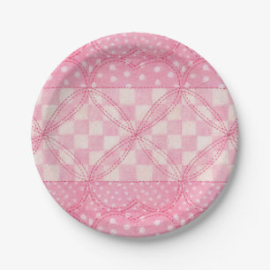 PINK HEART QUILT 7" Round Paper Plates