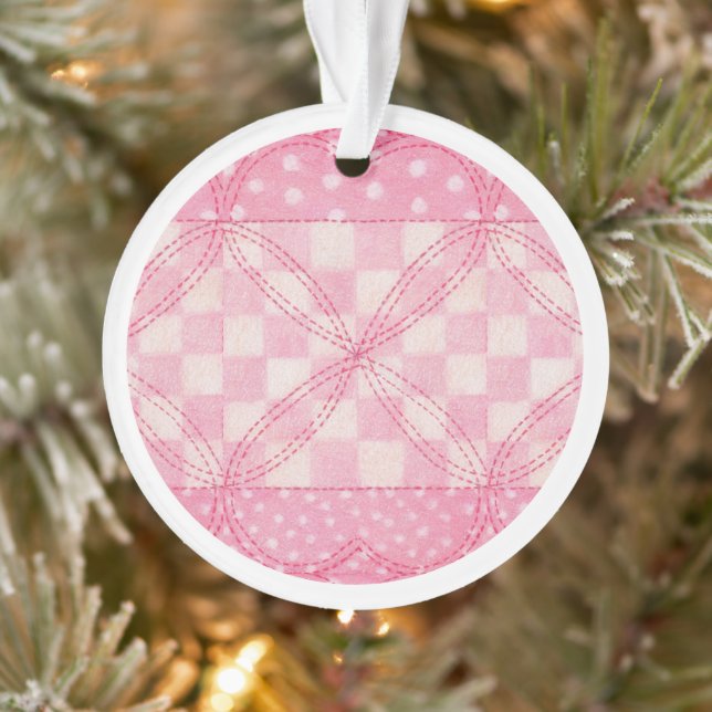 PINK HEART QUILT Acrylic Circle Ornament  (Tree)