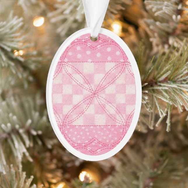 PINK HEART QUILT Acrylic Oval Ornament (Tree)