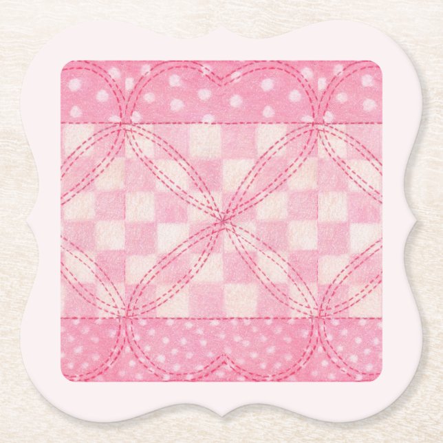 PINK HEART QUILT Bracket Paper Coasters / Pink (Front)