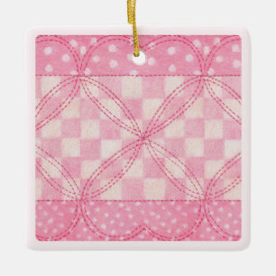 PINK HEART QUILT Ceramic Square Ornament / Pink