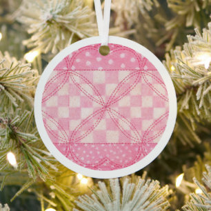 PINK HEART QUILT Metal Circle Ornament
