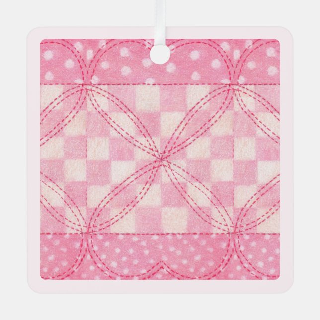PINK HEART QUILT Metal Square Ornament / Pink (Front)