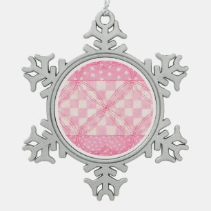 PINK HEART QUILT Pewter Snowflake Ornament / Pink