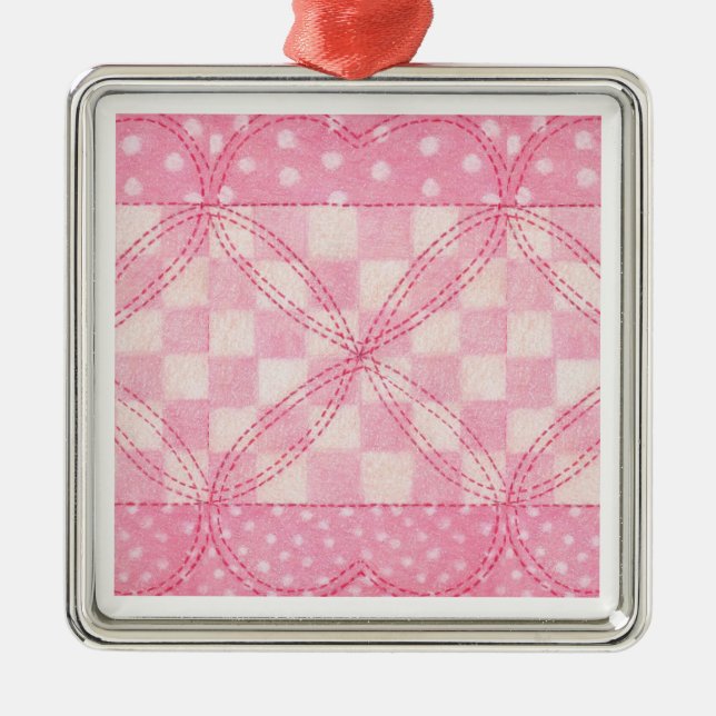 PINK HEART QUILT Premium Square Ornament (Front)
