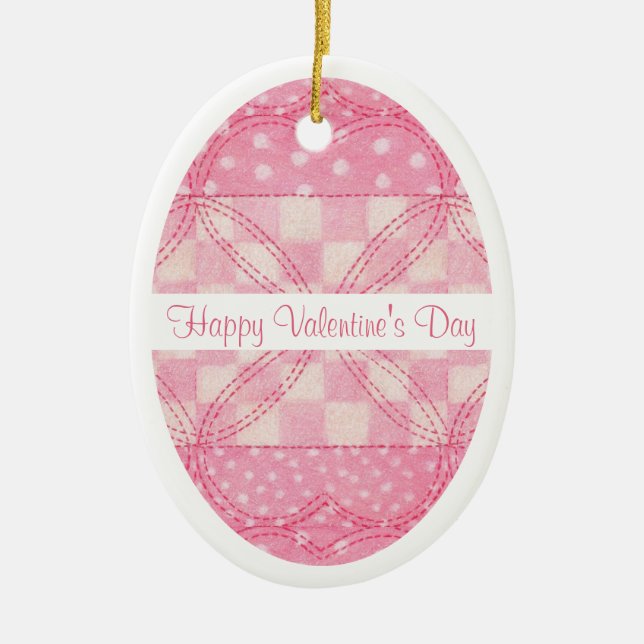 PINK HEART QUILT Valentine Ceramic Oval Ornament  (Front)